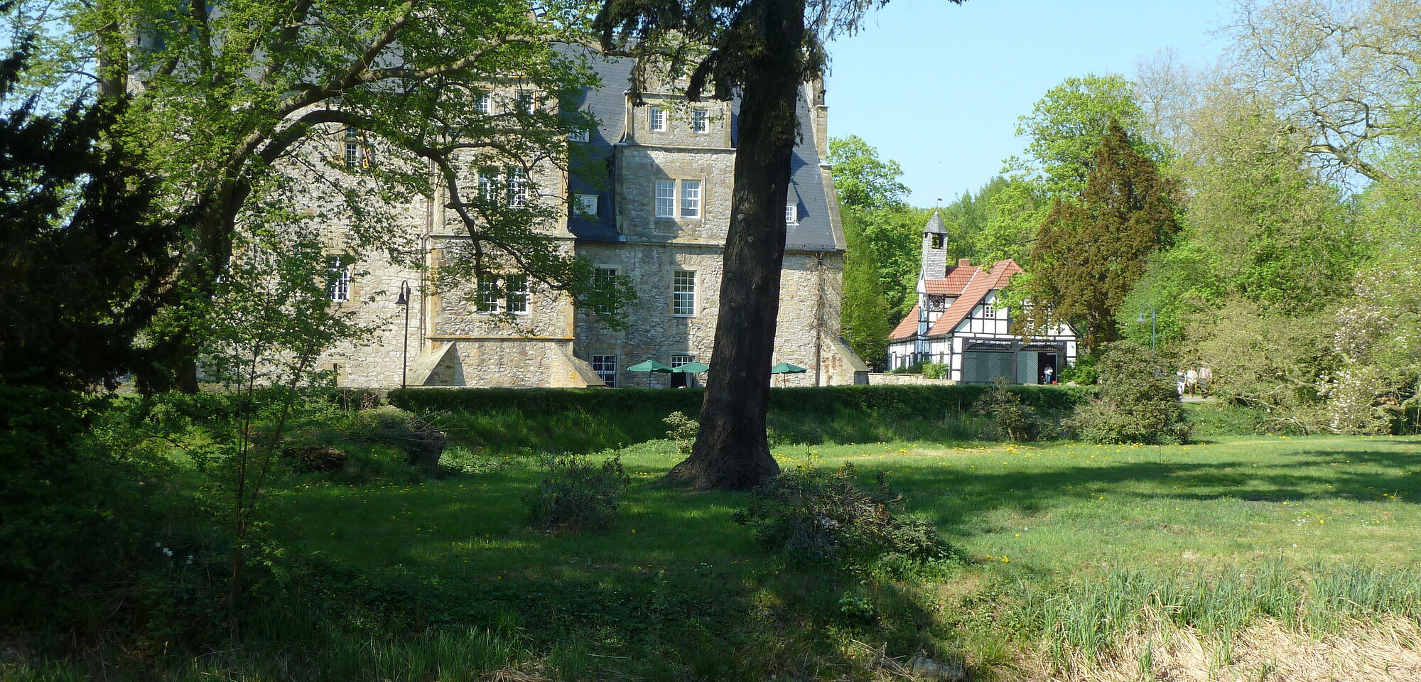 Wasserschloss Schelenburg hinter dem Teich mit Seerosen